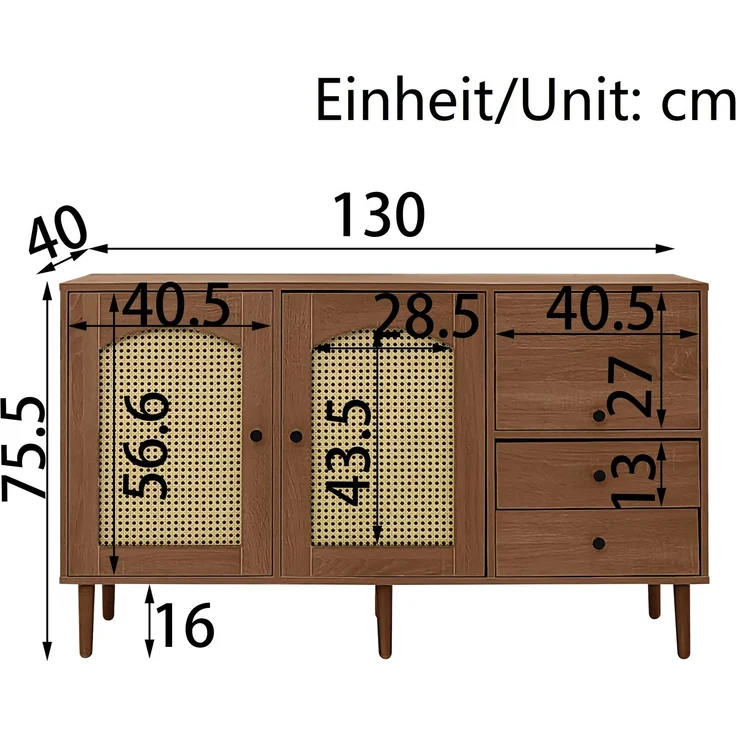 Sideboard 130 cm mit Rattantüren im Landhausstil, Holzfarbe, verstellbare Einlegeböden, großer Stauraum, magnetische Türen – Bild 6