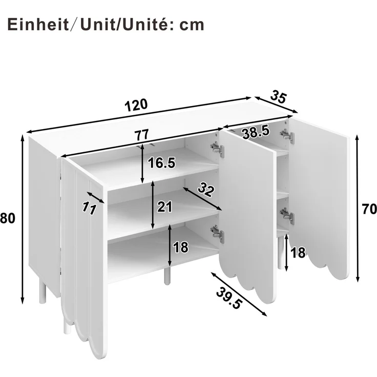 DESVIAE Sideboard mit Rebound-Türen und verstellbaren Böden 120x80x35 cm MDF Weiß – Bild 10