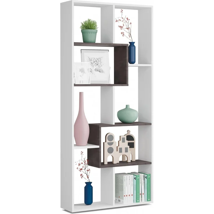 Dmora - Bücherregal Fremont, Multipositions-Bücherregal mit 8 Fächern, Büroregal, Regal als Raumteiler, cm 80x25h180, Weiß und Oxid – Bild 6