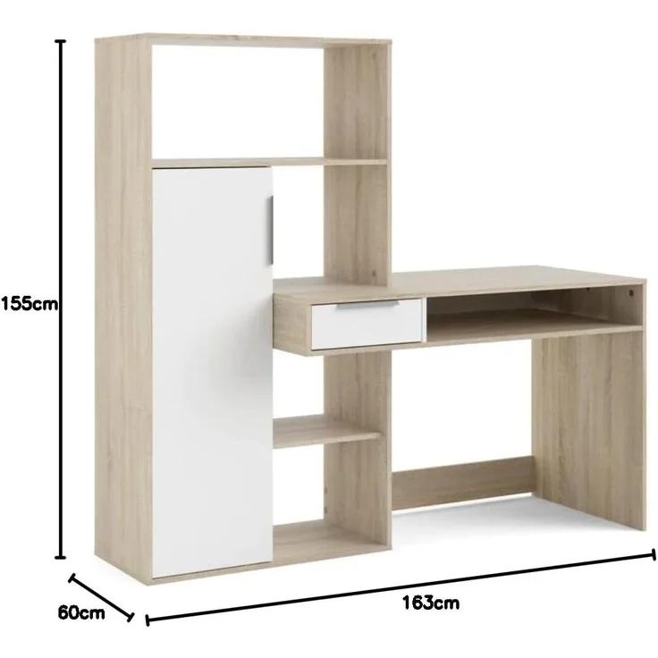 Multifunktionsschreibtisch mit Bücherregal, Schublade und Tür, Farbe Weiß und Eiche, 162 x 155 x 60 cm – Bild 3