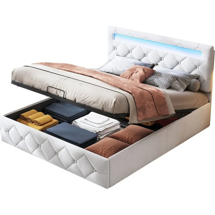 FUROKOY Polsterbett Hydraulisches LED Stauraumbett Doppelbett Samt, (Verstellbare Kopfteilhöhe), 140x200cm Beige