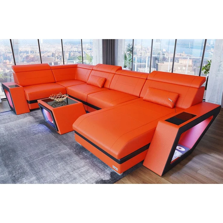 Leder Wohnlandschaft Catania – Modern & Bequem - Büffelleder - orange-schwarz - Rechts – Bild 3