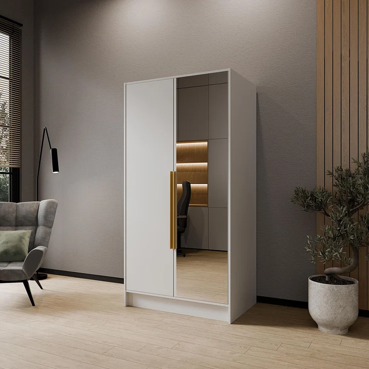 MEBLINI Kleiderschrank LUSINDA 100cm - Weiß Matt - mit goldfarbenen Griffen - Drehtürenschrank mit einem Spiegel - Kleiderstangen und Regalböden – Bild 2