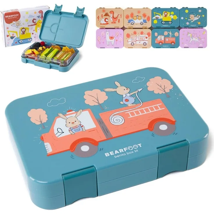 BEARFOOT Lunchbox Brotdose Kinder mit Fächern, Lunchbox, Bento box - Feuerwehr, handgezeichnete Designs, modular