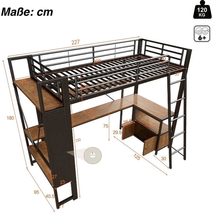 Hochbett mit Schreibtisch, LED-Streifen, Wandgitter, Regal, Schrank, Steckdose, USB, Type-C, Rausfallschutz, 90x200cm, Kinderbett, Metallbett – Bild 6