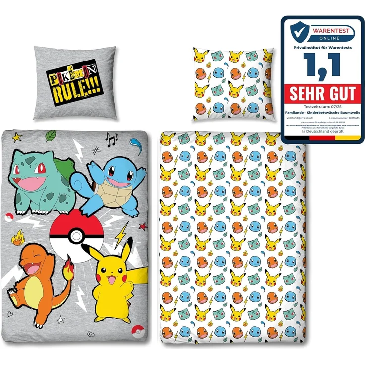 Flanell-Bettwäsche Pokemon Rock 135x200 80x80 cm in Grau mit Pikachu, Glumanda, Shiggy und Bisasam aus 100% Baumwolle – Bild 7