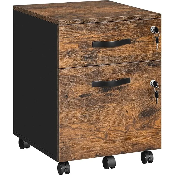 VASAGLE Rollcontainer, abschließbar, Aktenschrank mit 2 Schubladen, 5 Rollen und verstellbarer Hängeregistratur, strukturierte Oberfläche, für Dokumente im A4- und Letter-Format, vintagebraun-tintenschwarz LCD022K01