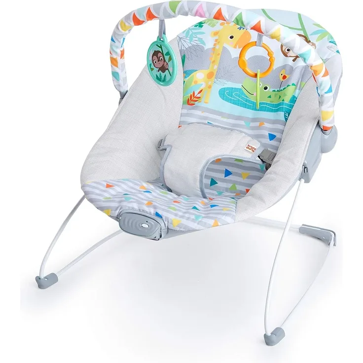 Bright Starts, Babywippe Safari Fun mit Beruhigenden Vibrationen, Spielbogen mit 2 Spielzeugen, 3-Punkte-Gurt Sitz, Maschinenwaschbares Sitzpolster, ab der Geburt bis 9kg