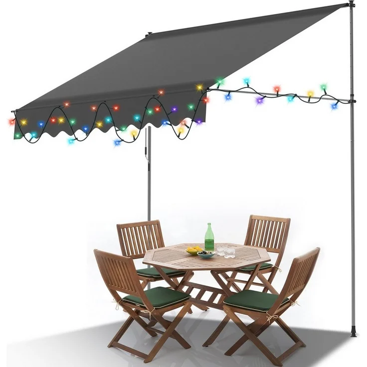 Clanmacy Klemmmarkise Klemmmarkise mit LED 300cm Balkonmarkise Markise mit Handkurbel Grau – Bild 1