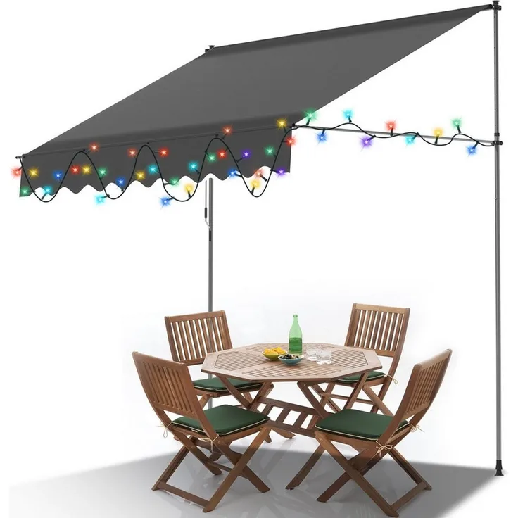 Clanmacy Klemmmarkise Klemmmarkise mit LED 300cm Balkonmarkise Markise mit Handkurbel Grau