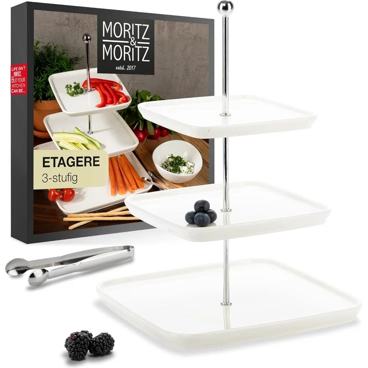 Moritz & Moritz Etagere Obst Etagere, Porzellan, (3 Etagen, 2-tlg), Perfekt als Obstschale für Obst Aufbewahrung, Muffins und Cupcakes – Bild 1