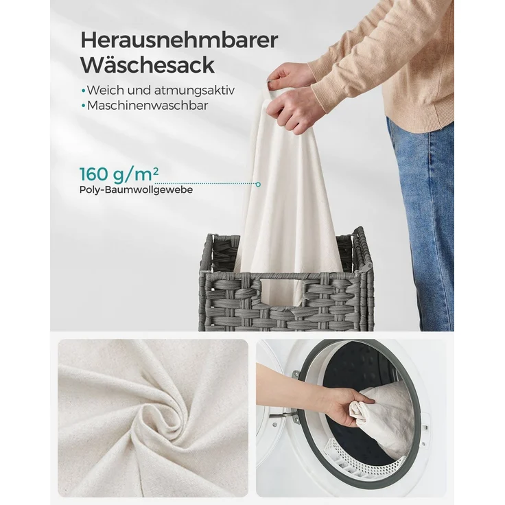 Songmics Wäschekorb handgeflochten, Rattan Grau, 90L 46 x 33 x 60 cm – Bild 3