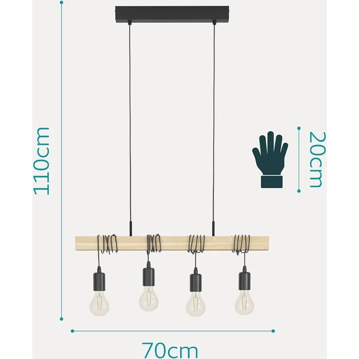 Eglo 32916 Pendelleuchte TOWNSHEND Stahl schwarz, Holz braun E27 4X40W L:70cm B:10,5cm H:110cm dimmbar – Bild 5