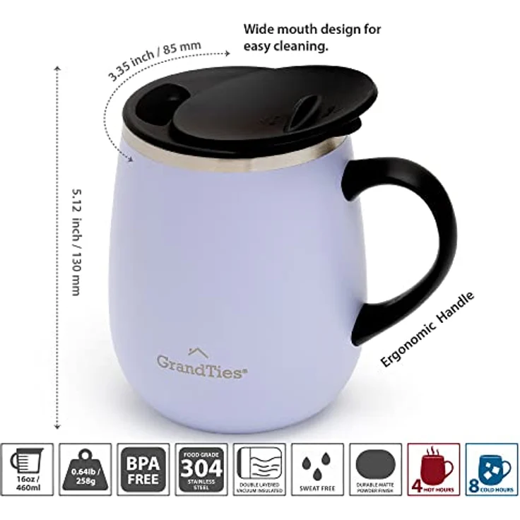 Grandties Isolierter Kaffeebecher mit Griff, Schiebedeckel für spritzwassergeschützte 473 ml, Form Thermosbecher mit doppelwandigem Vakuum-Edelstahl, hält Getränke heiß & kalt–Sanctuary – Bild 6