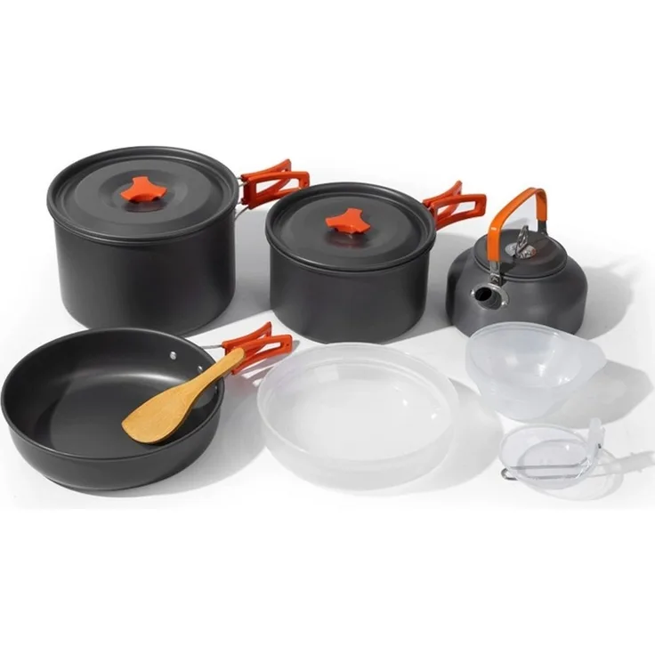 GLIESE Topf-Set Tragbares Camping-Kochgeschirr-Set, Aluminium (Set, 13-tlg, Topf/Kaffeekanne/Bratpfann/Esslöffel/Reisöffel/Plastikschüsseln), für Wanderungen, Camping oder Picknicks.