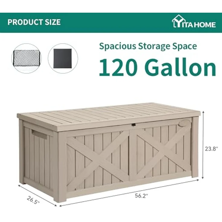 YITAHOME Große Aufbewahrungsbank 450 Liter mit X-Front, Wetterfeste Outdoor-Sitzbank, Resin Gartenbox für Terrassenkissen, Poolzubehör, Gartengeräte - Abschließbar, Hellbraun – Bild 3