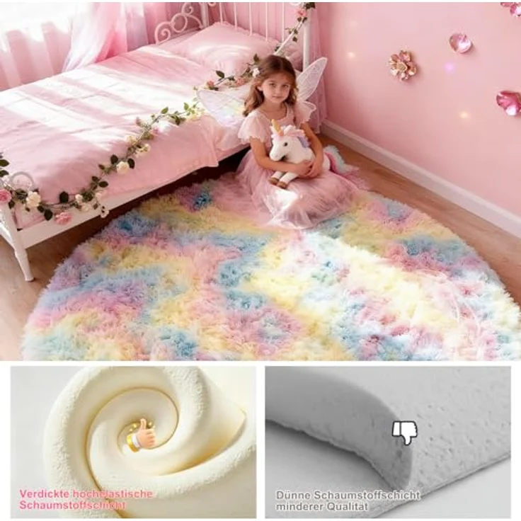 ROHATIM Teppich Schlafzimmer Rund 150 cm Regenbogen Waschbar Rutschfester Runder Hochflorteppich Wohnzimmer Kinderzimmer Mädchen Flauschig – Bild 8