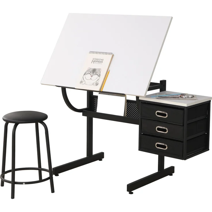 Weißer, höhenverstellbarer Zeichentisch mit Hocker und 3 Schubladen zum Basteln, Lesen und Schreiben – 115 x 60 x 76,2 cm – YOUDENOVA – Bild 5