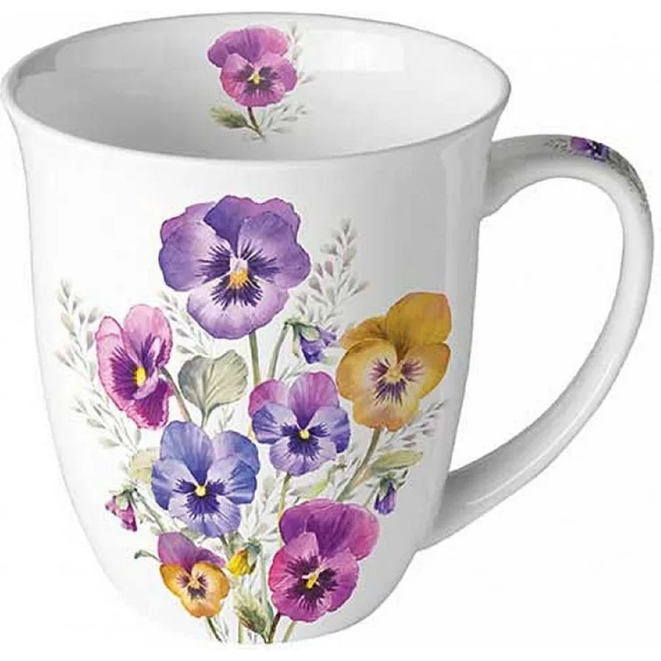 Ambiente Luxury Paper Products Becher Porzellan Frühling / Herbst / Sommer / Winter Kollektion, 1-tlg, Porzellan Becher ca. 400 ml, Stiefmütterchen Blumen - Pflanzen Pansies, Mug Kollektion / Ideal als Geschenk / Geschenkidee