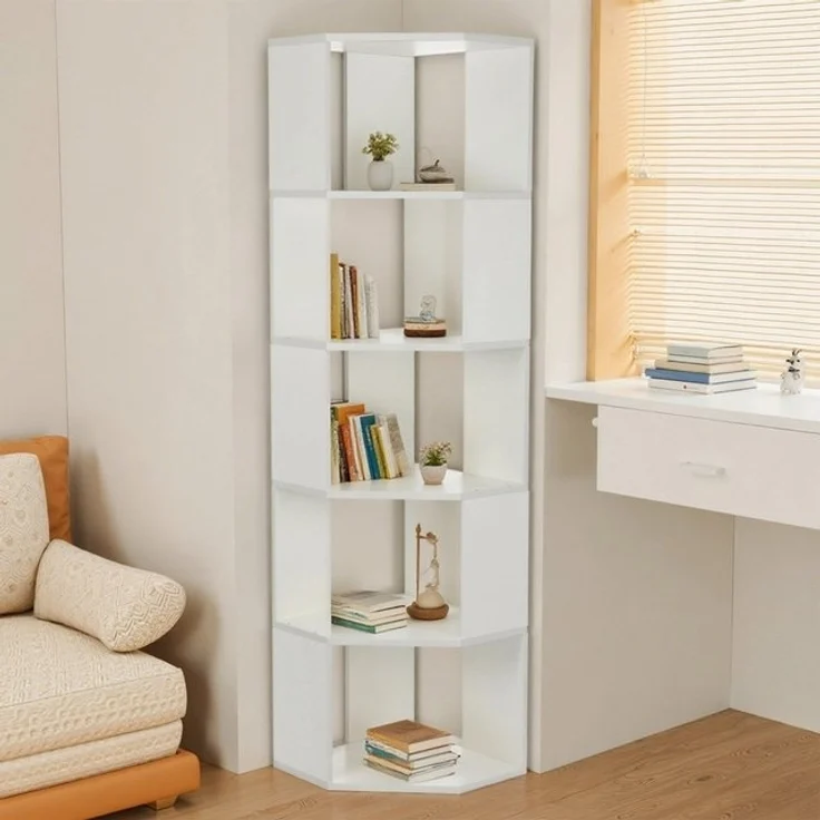oyajia Bücherregal Bücherregal Eck 159cm für Wohnzimmer Home Office, 5-Stöckiges Weiß, Standregal, Büroregal, 5 Fächer, Holzwerkstoff, 40x40x159cm (BxTxH) – Bild 4