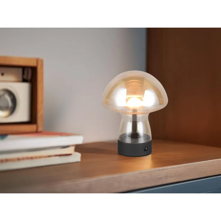 Kleine Akku Tischlampe DOOLEY aus Glas Bernsteinfarben, Höhe 18cm