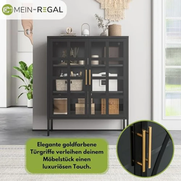 Mein-Regal Highboard Glasgow aus Metall Beistellschrank 2 Glastüren Schwarz – Bild 6