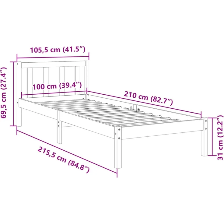 vidaXL Massivholzbett Extra Lang ohne Matratze 100x210 cm Kiefernholz 852432 – Bild 9
