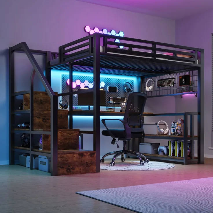 EINHOM Hochbett, 140 x 200 cm, Eisenrahmen, Lagerregal, Hängendes Gitter, LED-Lichtleiste, Schreibtisch, Treppenkonstruktionen mit Stauraum, mit 2 USB-Anschlüssen und 1 Typ-C-Buchse, Schwarz (Ohne Matratze)