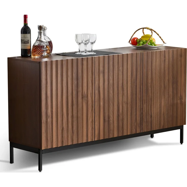 Merax 150x40x80cm Eiche dunkel gemasert, Sideboard, Mid-Century Modern Dekoschrank, 3 Türen, welliges 3D-Design, verstellbare Einlegeböden, Kippsicherung-stilvolle Aufbewahrung für Wohnzimmer, Esszimmer – Bild 10