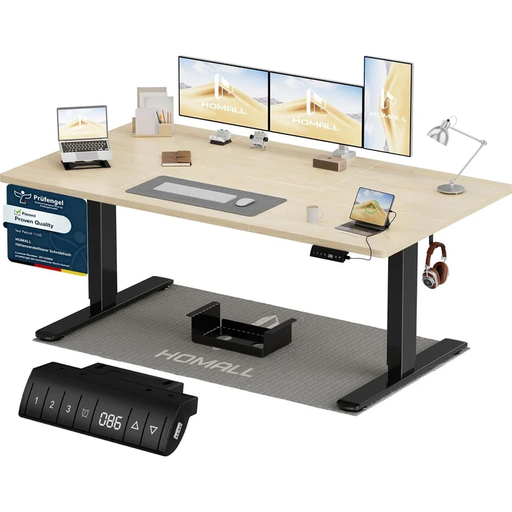 Homall Höhenverstellbarer Schreibtisch 160x80 cm mit USB-A Ladeanschluss, Elektrischer Schreibtisch mit Kabel Management Tray, Standing Desk mit 3 Memory Funktion, Computertisch Beige+Schwarz