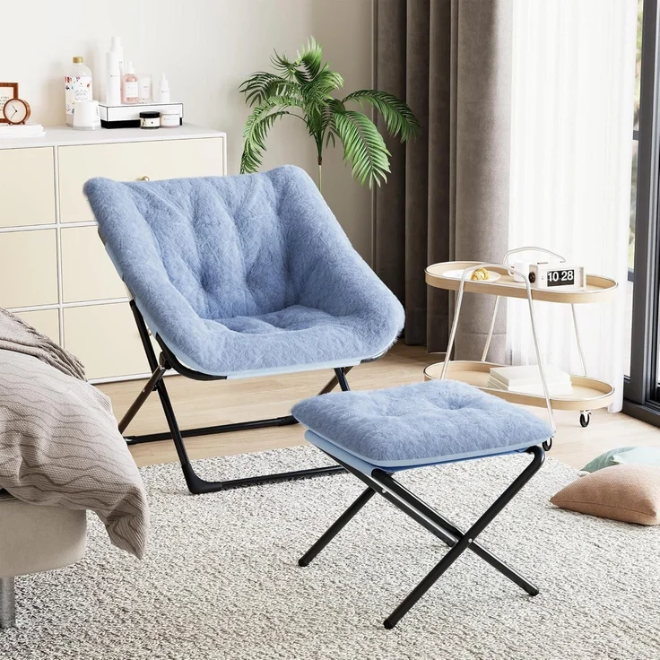 Relaxsessel Ohrensessel Eisenrahmen Kaninchenfell Blau – Bild 7
