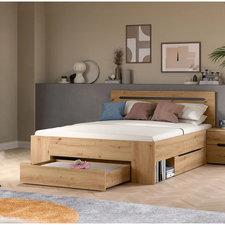 Bett Sova 140x200, Modernes Bett in Eiche-Optik mit Schubladen & Fächern – Bild 6
