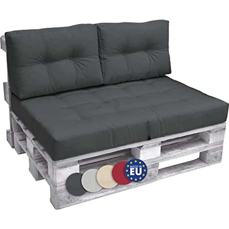 Beautissu Palettenkissen ECO Elements, Graphit, Textil, 20x40x60 cm, robustes Outdoor-Rückenkissen mit Zierknöpfen