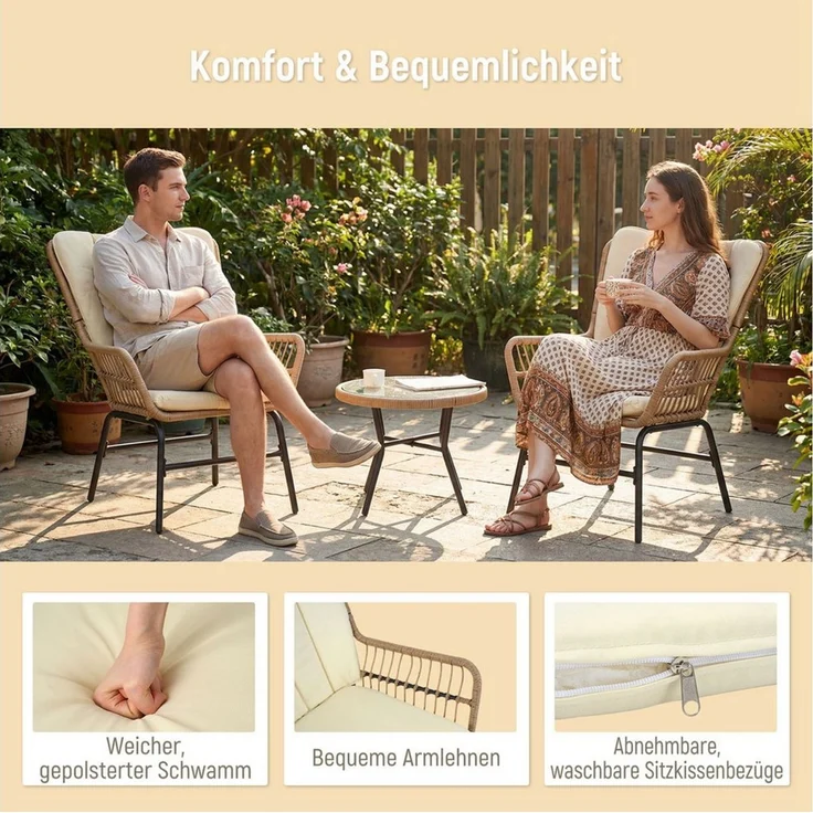 COSTWAY Balkonset, (3-tlg), Bistro-Set, Rattan Gartenmöbel Set mit 2 Stühle – Bild 3