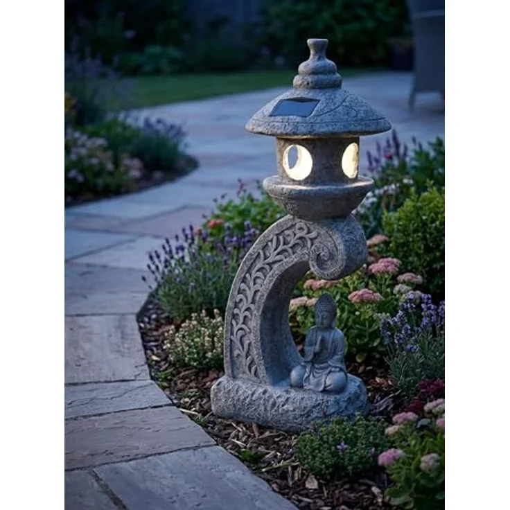 Arnusa LED Solarleuchte Pagode mit Solarlampe Kunststein 60 cm Gartendeko Laterne mit Buddha, LED fest integriert, warmweiß, Japanischer Asiatischer Stil Gartenfigur – Bild 2