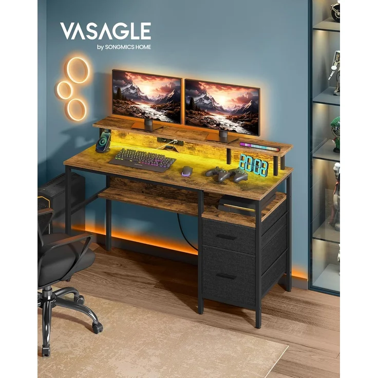 VASAGLE Schreibtisch mit Stoff-Schubladen, Computertisch mit Monitorständer, LED-Beleuchtung, 55 x 135 x 90 cm, eingebaute Steckdosen, 2 USB-A-Anschlüsse, für Homeoffice, vintagebraun LWD094K02 – Bild 3