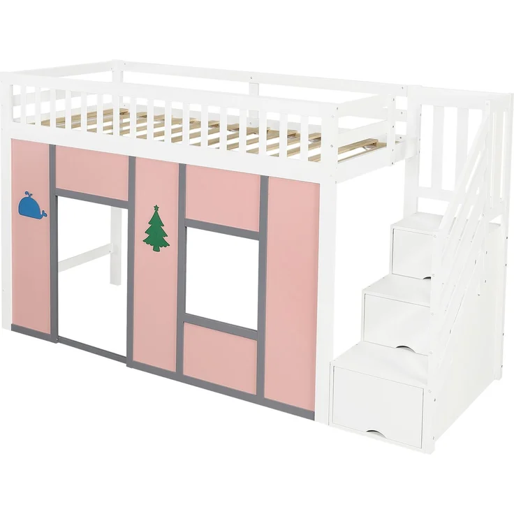 Merax Hochbett 90x200 cm, Kinderbett, Halbhochbett mit Stauraumtreppe, LED-Beleuchtung, Spielbereich, Rausfallschutz und Deko-Motiven, Weiß + Rosa, 252.5 x 95 x 142 cm – Bild 9