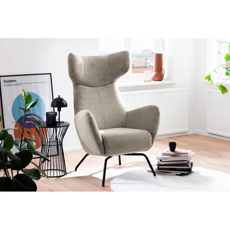 KAWOLA Sessel LOTTE Ohrensessel Cord steingrau 117 x 82 x 79 cm