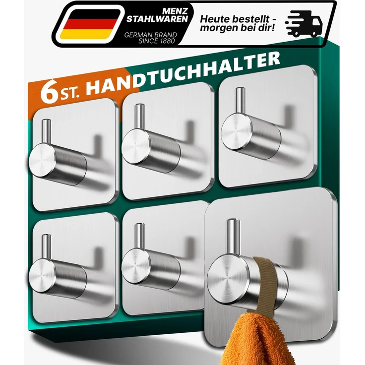 Lindenstein Selbstklebende Handtuchhaken 6er-Set Silber – Edelstahl 304, bis 10 kg – Bild 1