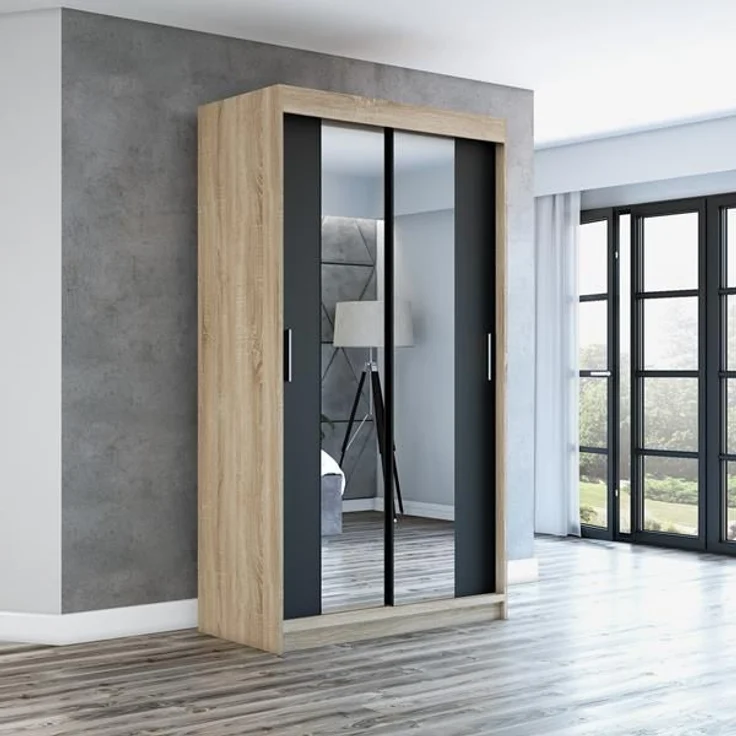 Schwebetürenschrank NEO 2-türig Schrank 120 cm (mit Spiegel) Farbe: Sonoma , schwarz – Bild 2