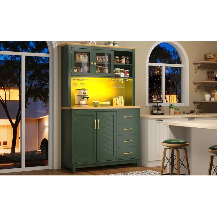 EINHOM Seitenboard / Aufbewahrungsschrank / Küchenschrank / Buffetschrank, 105.5 x 40 x 180 cm, Landhausstil, 4 Türen, mit LED-Lichtleiste & Getränkehaltern, Grün/Schwarz/Weiß, Grün – Bild 5