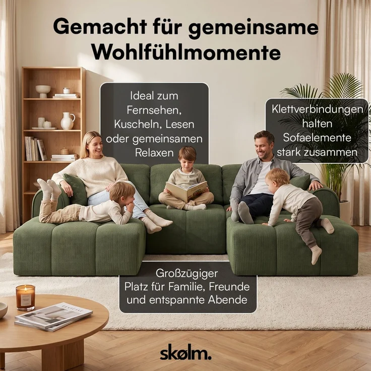skølm 'Vanaheim' Sofa 3 Sitzer mit 2 Hocker & 2 Kissen, Cloud Sofa dunkelgrün, Chenille-Stoff, Vollschaumcouch mit Federkern und Vakuum-Kompression, kein Aufbau erforderlich – Bild 4