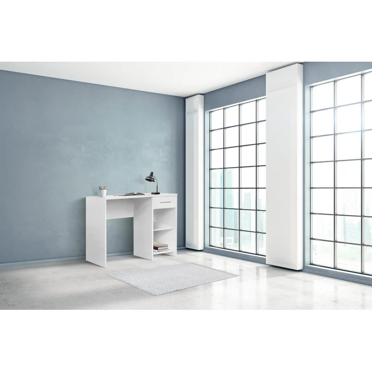 Modern Study Desk, White, 90 x 75 x 52 cm | 100% Melamine Coated Particle Board, 16 mm Thick | 1 Drawer, Multiple Shelves, Wall-Mountable, Stylish & Functional – Bild 1