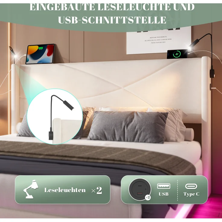 LVHOM Boxbett 140x200cm, Bettgestell mit integrierter Beleuchtung & Stauraum, USB/Typ-C-Ports, XXL-Hydraulik-Storage, platzsparend & Smart-Home-Anschlüssen – Bild 8