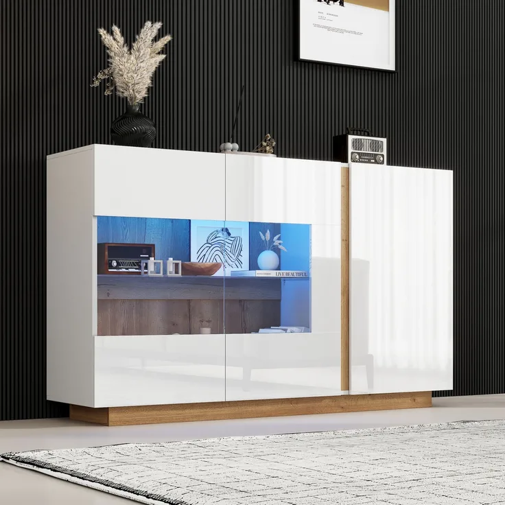 DESVIAE Sideboard mit LED-Beleuchtung und 3 Türen, 138x90,5x38,5 cm, Spanplatte und Glas, Weiß