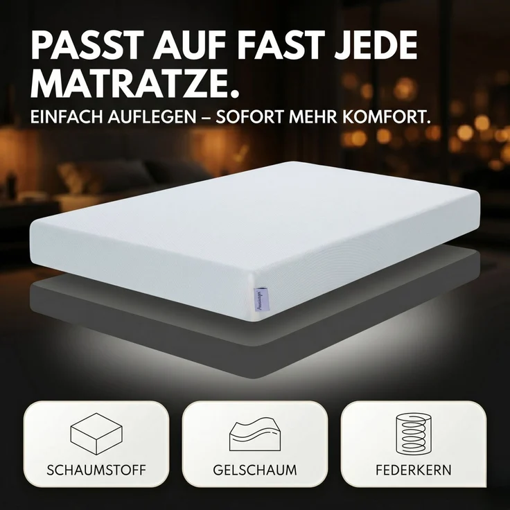 Arensberger Matratzen Topper LUXURY, 90x200cm, Gelschaum und Memory Gel Foam Matratzentopper, waschbar, geeignet für Federkern & Matratzen, Höhe 10cm – Bild 6