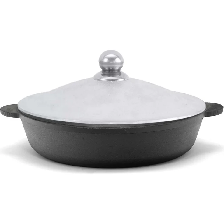 Ø28cm Gusseisenpfanne mit Aluminiumdeckel Bräter Schmortopf aus Gusseisen zwei Griffe Servierpfanne – Bild 5