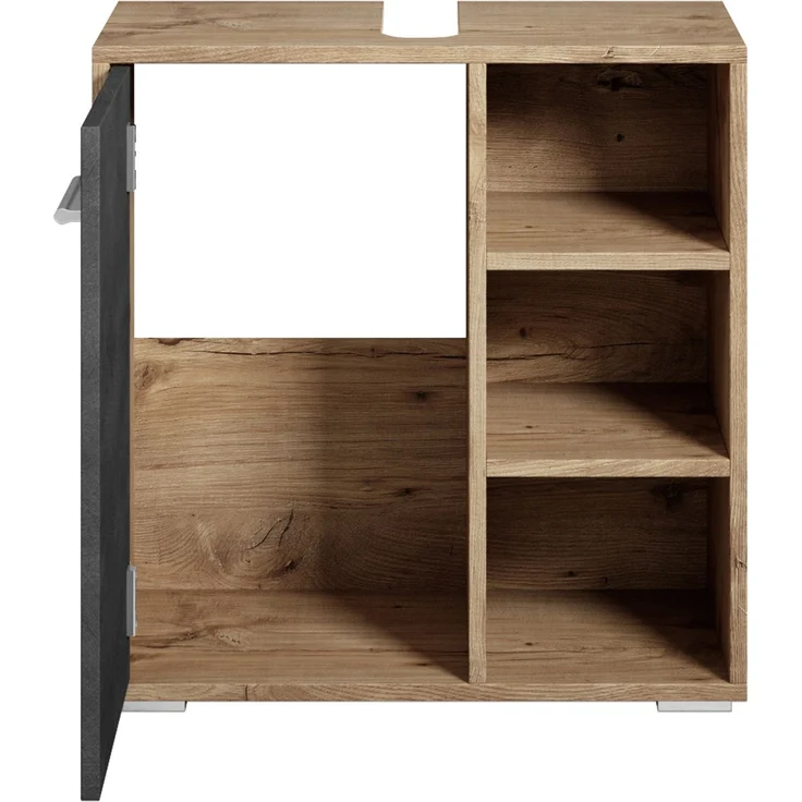 Badplaats Waschbeckenunterschrank Neptunus 60 x 30 cm Kastanien Eiche mit Dunkel Grau - Stehender Badezimmerschrank mit 1 Tür und offenen Fächern – Bild 2