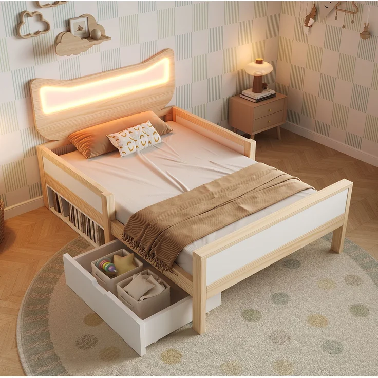 CHICFURN Bett aus Holz Weiß/Eiche 90x190 cm mit RGB-LED-Beleuchtung und Stauraum – Bild 2