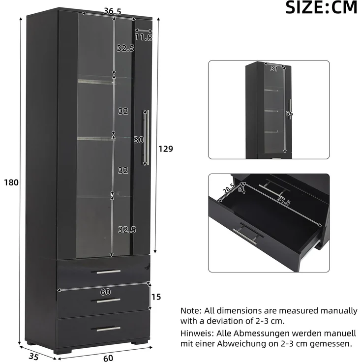 Schwarz Hochglanzvitrine, Vitrine Glasvitrine , Standvitrine mit LED-Beleuchtung, Vertikale Vitrine mit 3 Schubladen, 60*35*180cm--Schwarz--60x35x180cm--YOUDENOVA – Bild 5